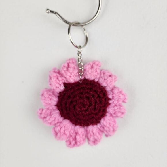 New Crochet Burgundy Pink Flower Keychain Handmade Handcrafted - Picture 5 of 6